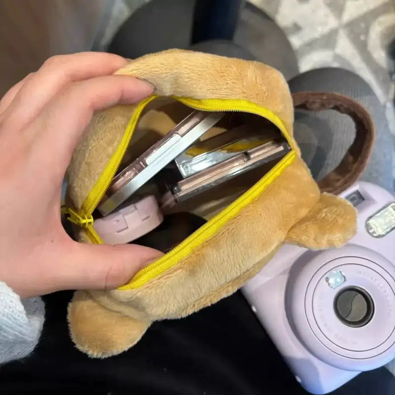 Open plush makeup bag.