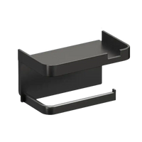 Black toilet paper holder with shelf.