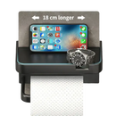 Black toilet paper holder with shelf.