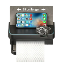 Black toilet paper holder with shelf.