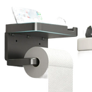 Gray toilet paper holder with shelf.