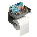 Gray toilet paper holder with shelf.