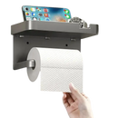 Gray toilet paper holder with shelf.