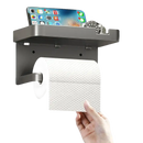 Gray toilet paper holder with shelf.