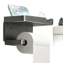 Gray toilet paper holder with shelf.