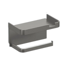 Gray metal toilet paper holder with shelf.