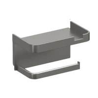 Gray metal toilet paper holder with shelf.