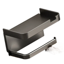 Modern matte black toilet paper holder with shelf.