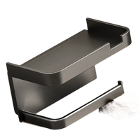 Modern matte black toilet paper holder with shelf.