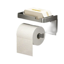 Silver toilet paper holder with shelf.