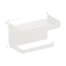 White plastic wall-mounted shelf with dimensions.