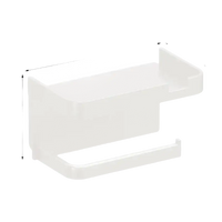 White plastic wall-mounted shelf with dimensions.