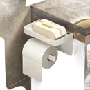 White toilet paper holder with shelf.