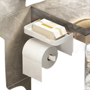 White toilet paper holder with shelf.
