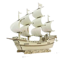 Wooden ship model with sails.