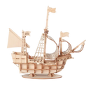 Wooden ship model with dimensions.