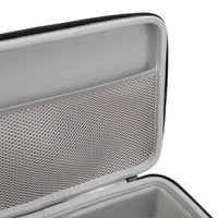 Open gray zippered case.