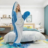 Cartoon Shark Blanket Plaid Women Pajamas Sleeping Bag Robe Shark Blanket Megalodon Gown Adult Homewear Plaid Comfy