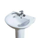 White pedestal sink with chrome faucet.