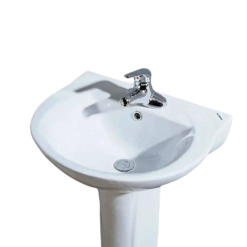White pedestal sink with chrome faucet.
