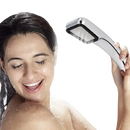 Chrome handheld shower head.