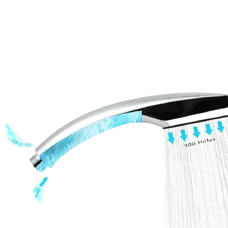 Chrome shower head with water flow.