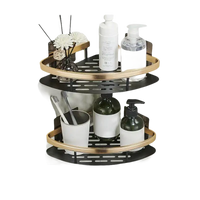 Trendy two-tiered corner bathroom shelf shown in Shower Shenanigans for stylish bathroom storage