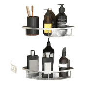 Two-tiered corner shower caddy on trendy bathroom shelf for bathroom and kitchen storage