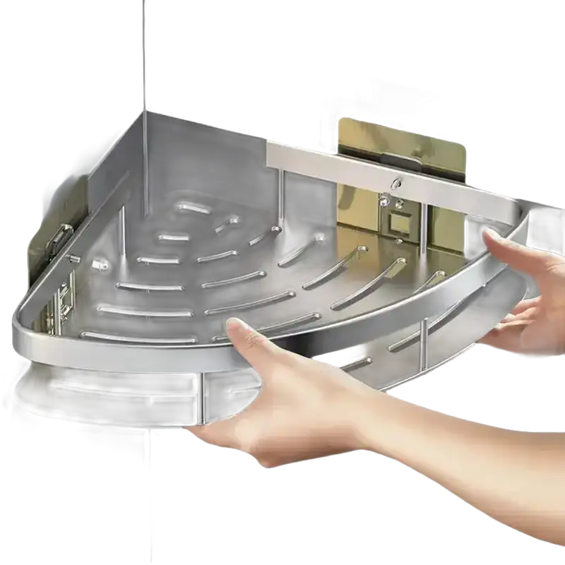 Silver corner shower shelf from Shower Shenanigans, a trendy bathroom shelf and organizer