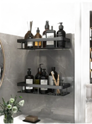 Trendy black metal bathroom shelf perfect for shower storage or kitchen organizer