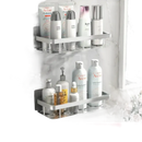 Trendy silver bathroom shelf with toiletries for stylish kitchen storage organizer