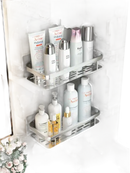 Two-tiered bathroom shelf with toiletries, perfect bathroom shelf or aluminum storage organizer