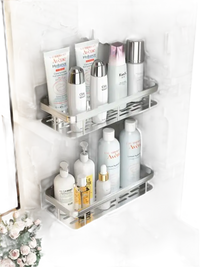 Two-tiered bathroom shelf with toiletries, perfect bathroom shelf or aluminum storage organizer