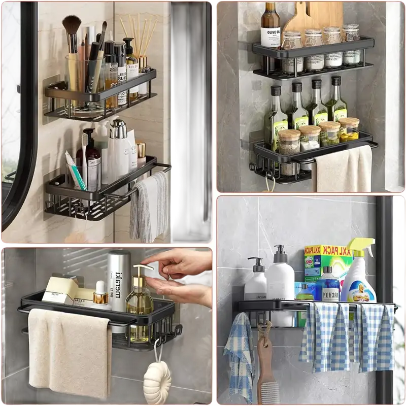 Wall-mounted bathroom shelf with towel bars, perfect as a kitchen storage organizer