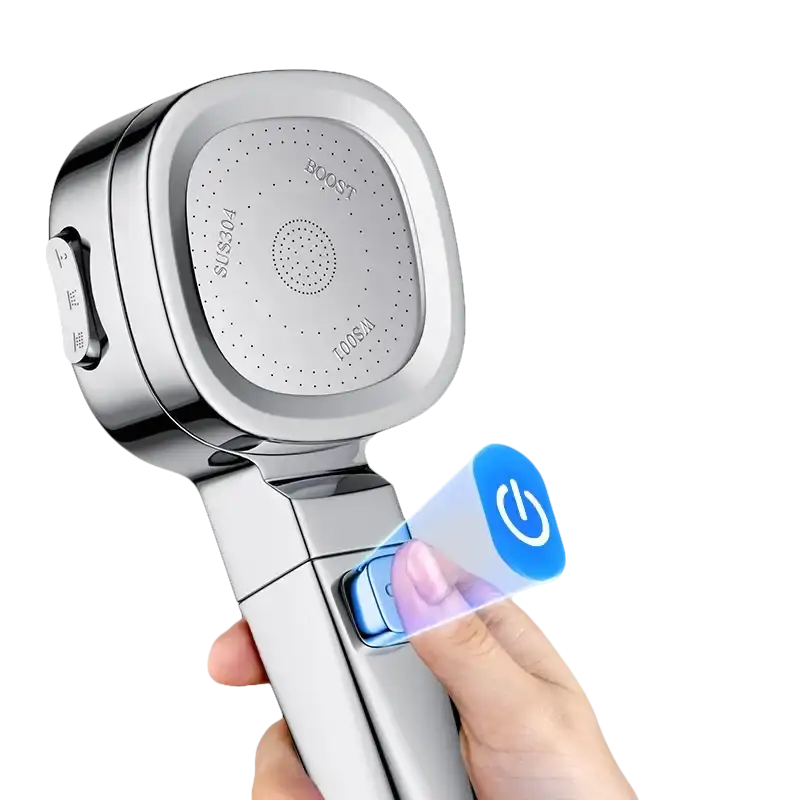 Chrome shower head with stop button.