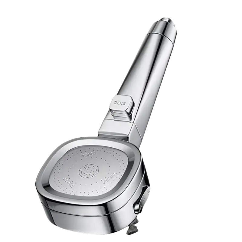 Chrome shower head with stop button.