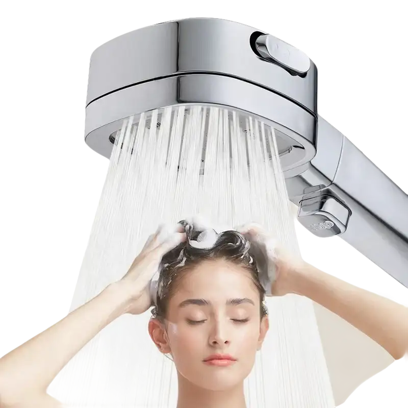 Chrome shower head with water flowing.