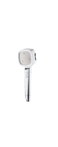 Silver shower head with dimensions.