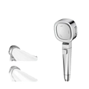 Silver shower head with multiple spray settings.