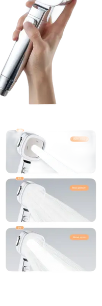 Handheld shower head with multiple spray patterns.