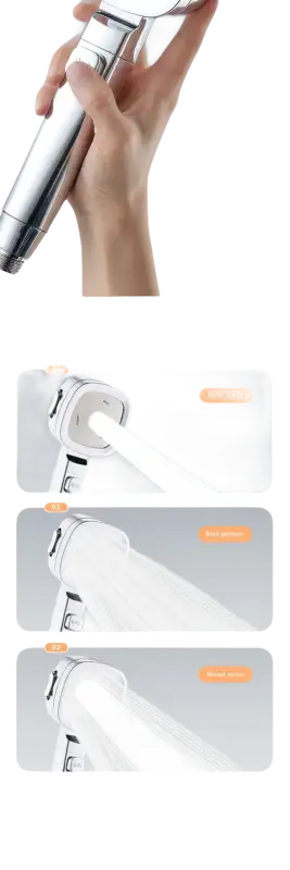 Handheld shower head with multiple spray patterns.