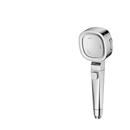 Silver shower head with bracket and hose.