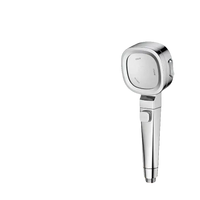 Silver shower head with bracket and hose.