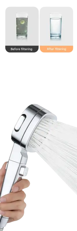 Handheld shower head with water filtration.