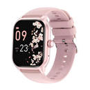 Pink smartwatch with floral display.