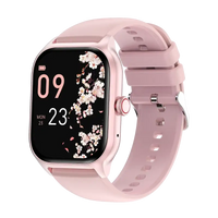Pink smartwatch with floral display.