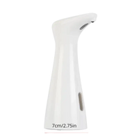White automatic soap dispenser with dimensions.
