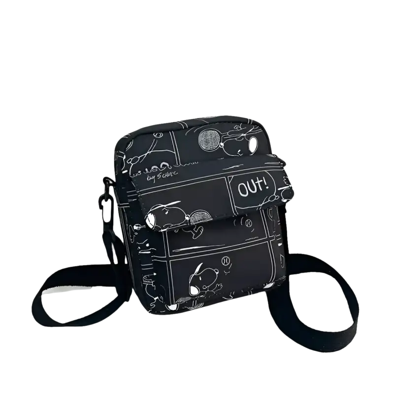 Black Snoopy comic-strip crossbody bag.