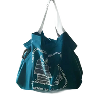 Teal tote bag with white straps.