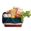 Groceries in a red basket.